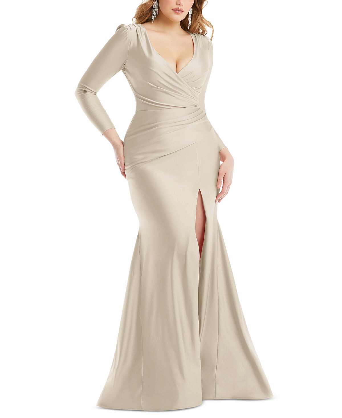 

Женское атласное платье с длинными рукавами и рюшами по бокам Dessy Collection