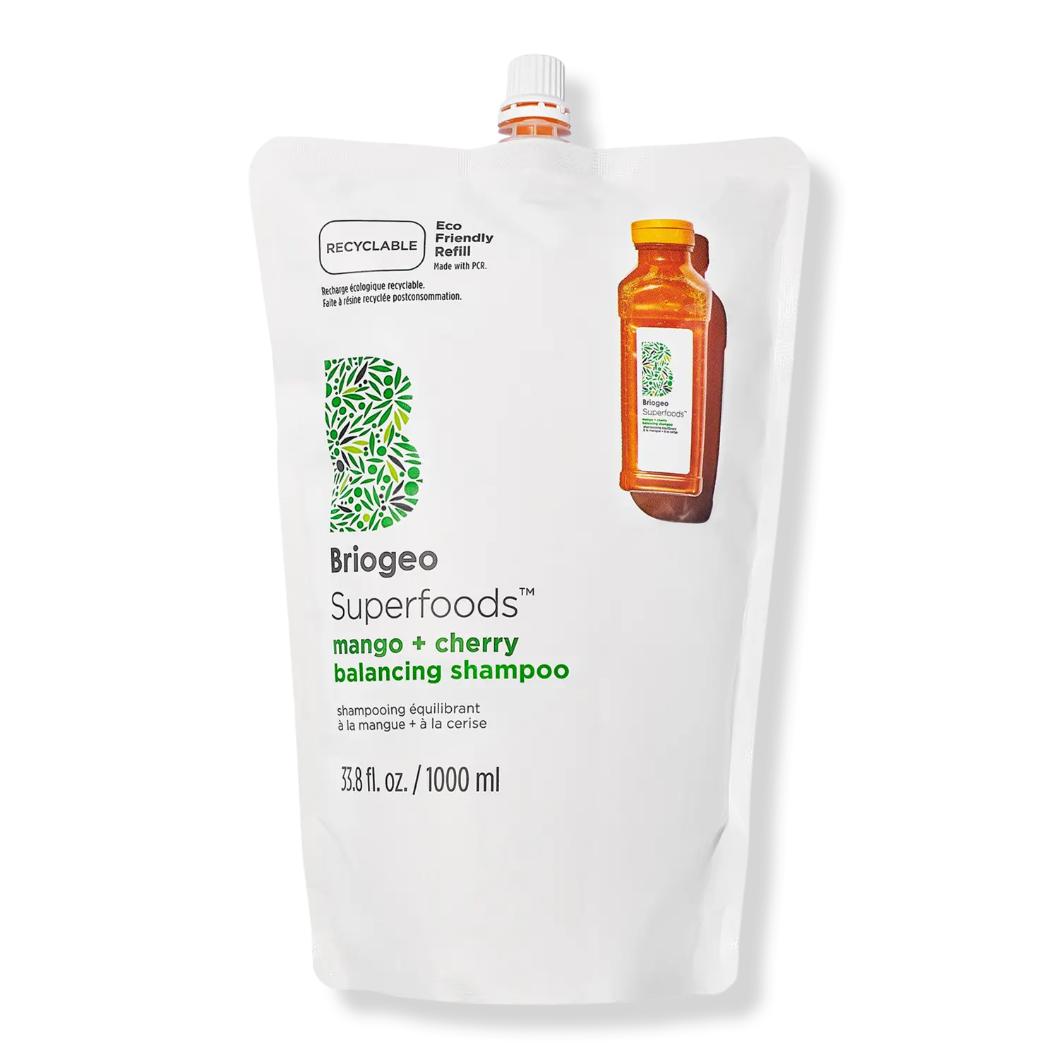 

Шампунь Superfoods Mango + Cherry для контроля и балансировки жирности кожи (сменный блок) Briogeo, 33.8 oz (Refill)