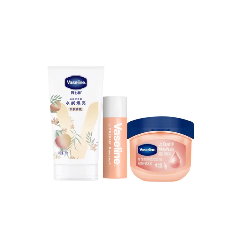 Vaseline Набор для увлажнения и ухода за кожей с успокаивающим эффектом 100 мл+7 г, Three-Piece Set: White Peach Fragrance Hand Cream 50ml+White Peach Lip Balm 7g+White Peach Lip Balm 3.5g
