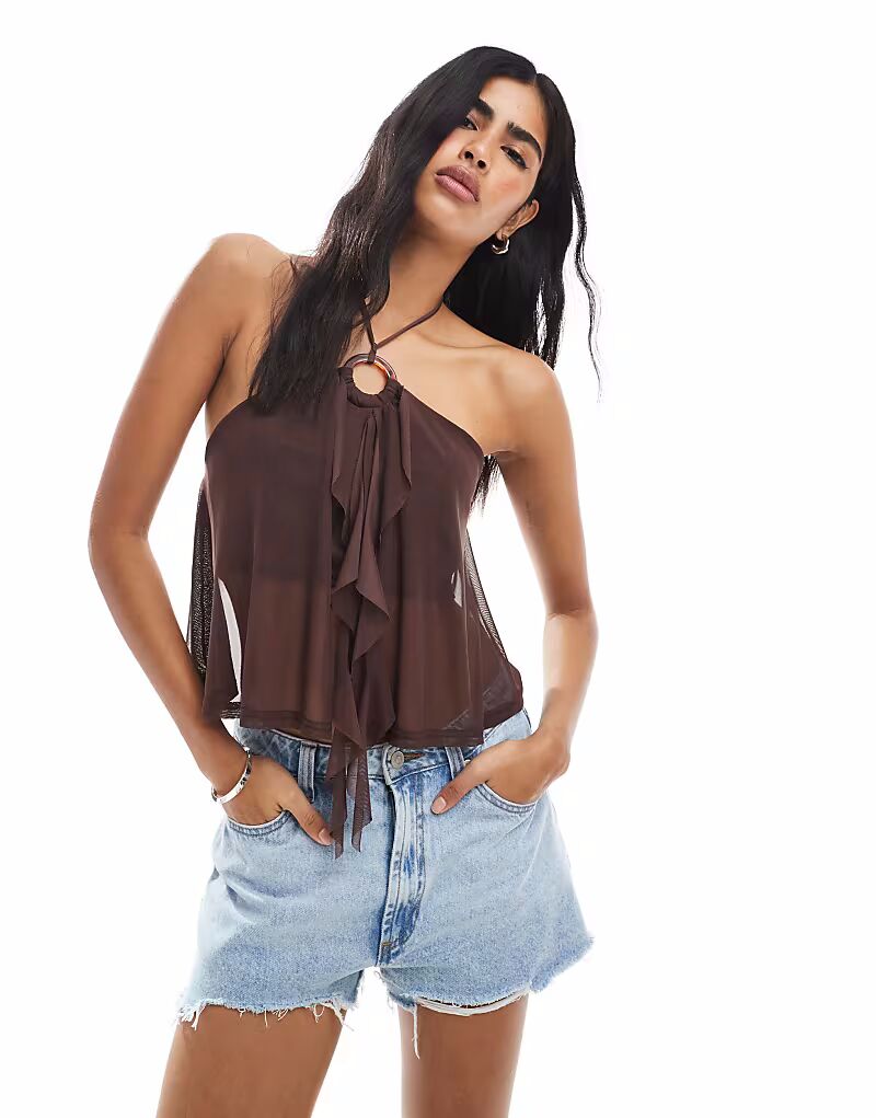 

Топ с оборкой и разрезом спереди, шоколадного цвета Miss Selfridge