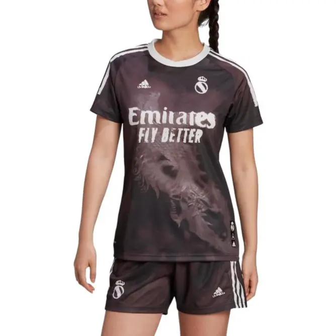 Футболка Real Madrid Human Race женская черно-белая Adidas, черно-фиолетовая — фото 3