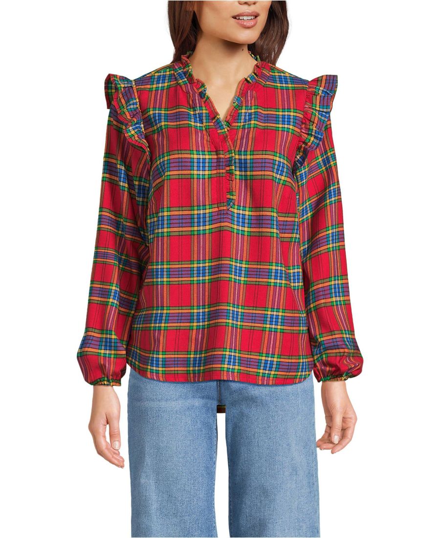 

Женская фланелевая блузка-рубашка с оборками спереди Lands' End, Red/nautical blue plaid
