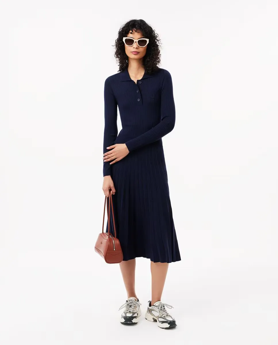

Поло платье с длинным рукавом из шерсти Lacoste, темно-синий