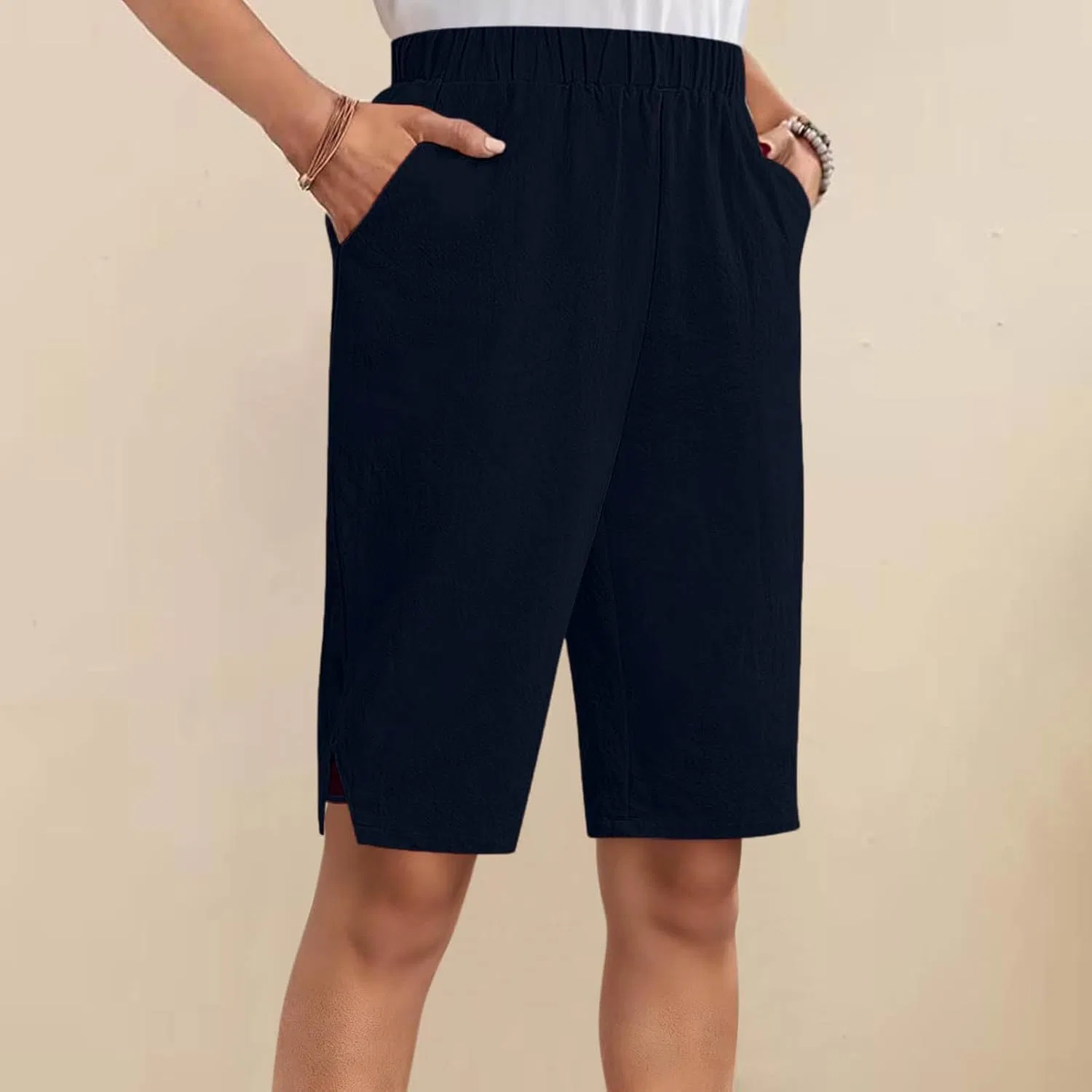 Шорты-бермуды женские, высокая посадка, на эластичном поясе, Polyester, Navy — фото 2