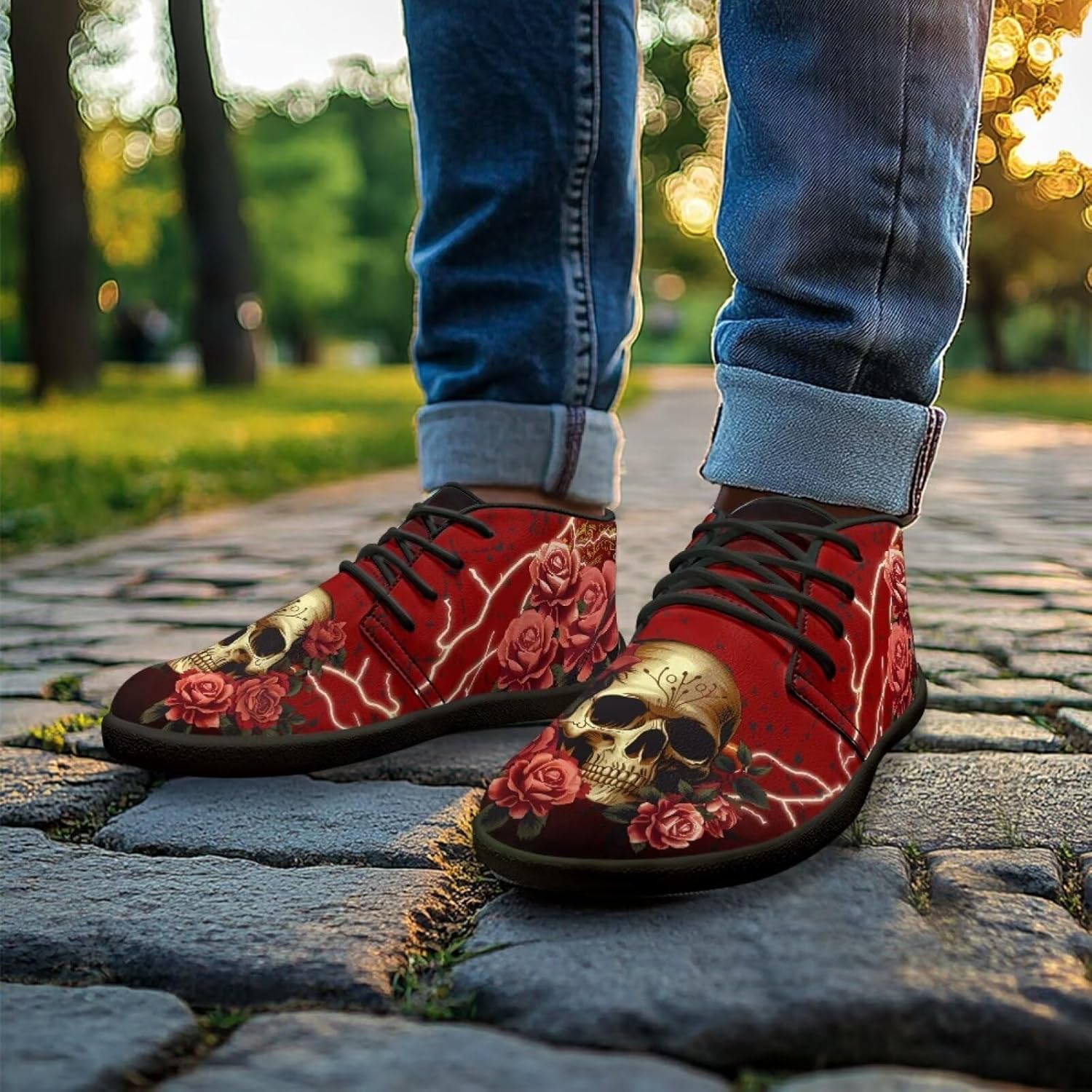Мужские кроссовки Jeiento Barefoot, ботинки босоногого типа с черепами и цветочным принтом, с широкой носковой частью, воздухопроницаемые, противоскользящие, красный — фото 3