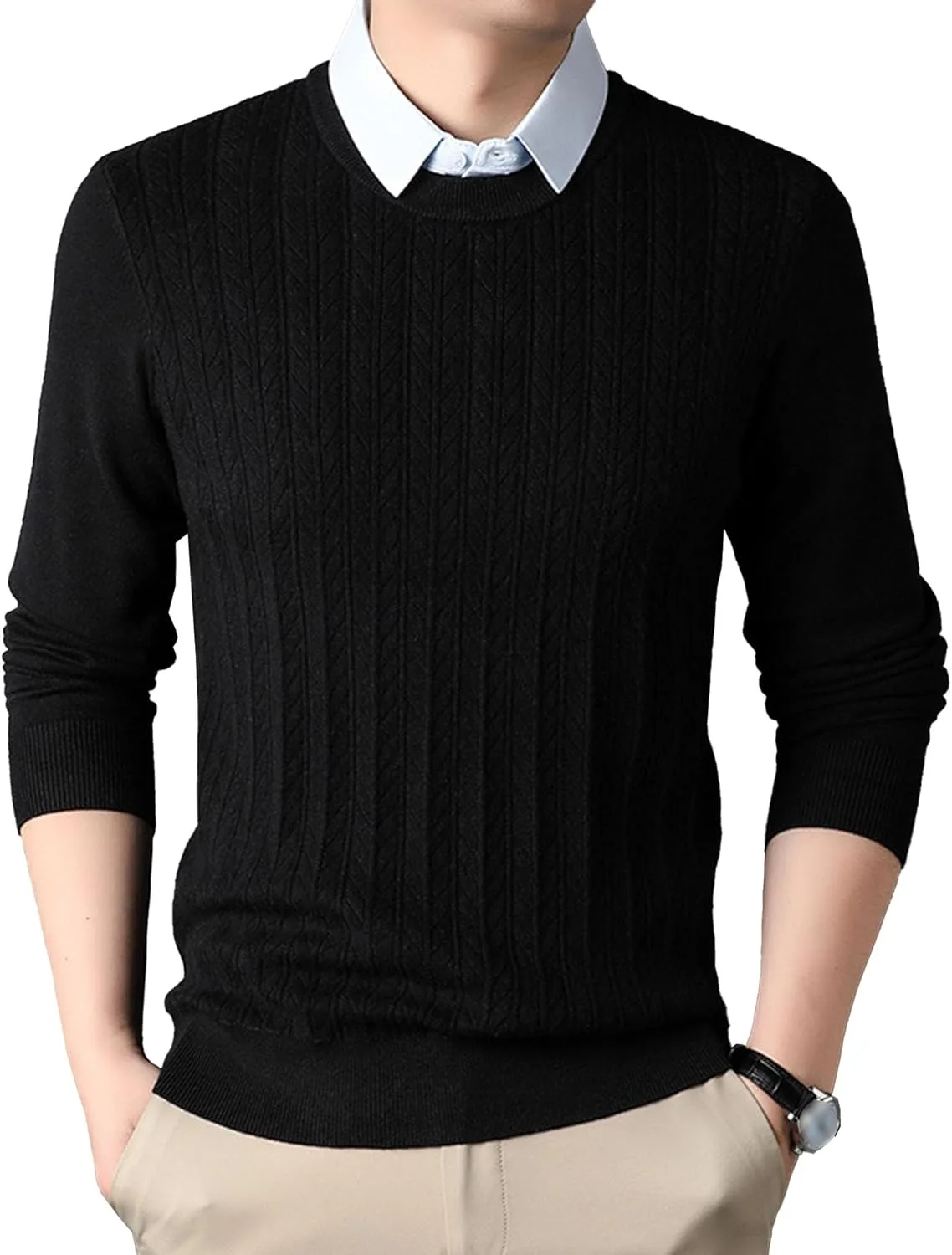 Мужской вязаный свитер в полоску с пэчворком Slim Fit