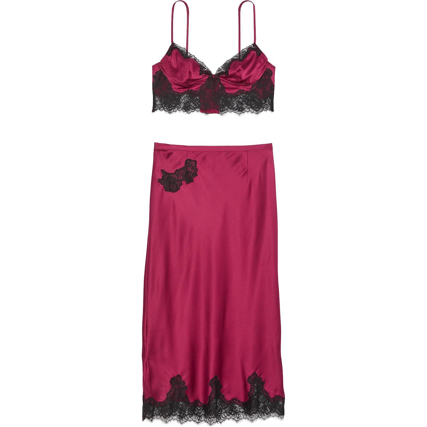 

Victoria's Secret Сатиновая роза кружевной бордюр бралетт и миди-юбка комплект/CR пижамный комплект женский Gin Balin красный