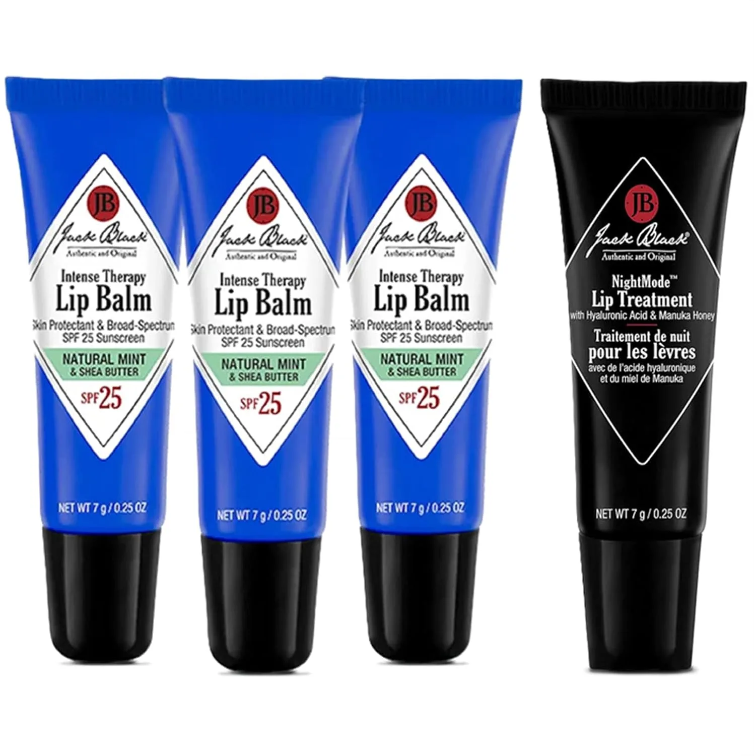 jack black intense therapy lip balm, 0.25 унции (7 г), набор из 3 штук - natural mint & shea butter, spf 25, увлажняющий бальзам для губ + jack black night mode lip treatment - ночная восстанавливающая маска для губ, Black