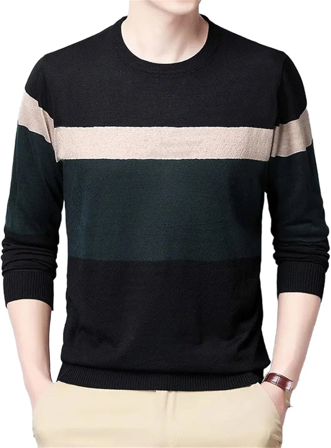 Мужской повседневный утепленный свитер с длинным рукавом Slim Striped Fleece Pullover Generic, черный
