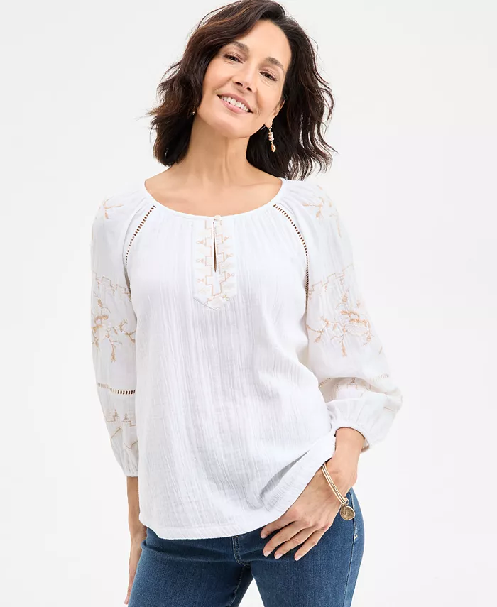 

Женская вышитая крестьянская блуза из хлопка Style & Co, белый