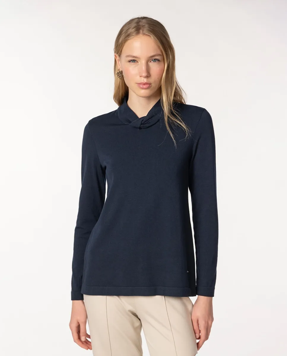 

Женский свитер из гладкой вискозной пряжи с узлом на воротнике Naulover, темно-синий