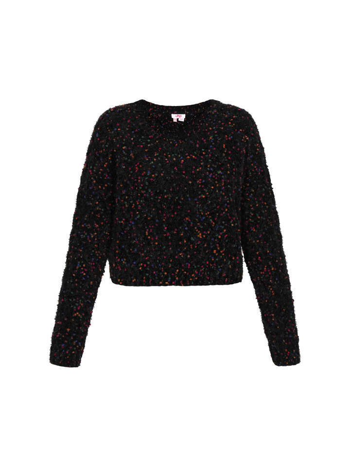

Женский свитер черного цвета с разноцветными вставками myMo