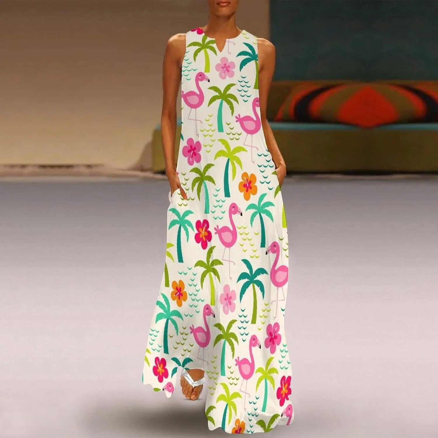 Платье Palm Beach Flamingos Женские платья Длина до щиколотки Комбинация Юбка на бретелях Летнее платье Вечернее платье Макси-юбка Отпуск — фото 2