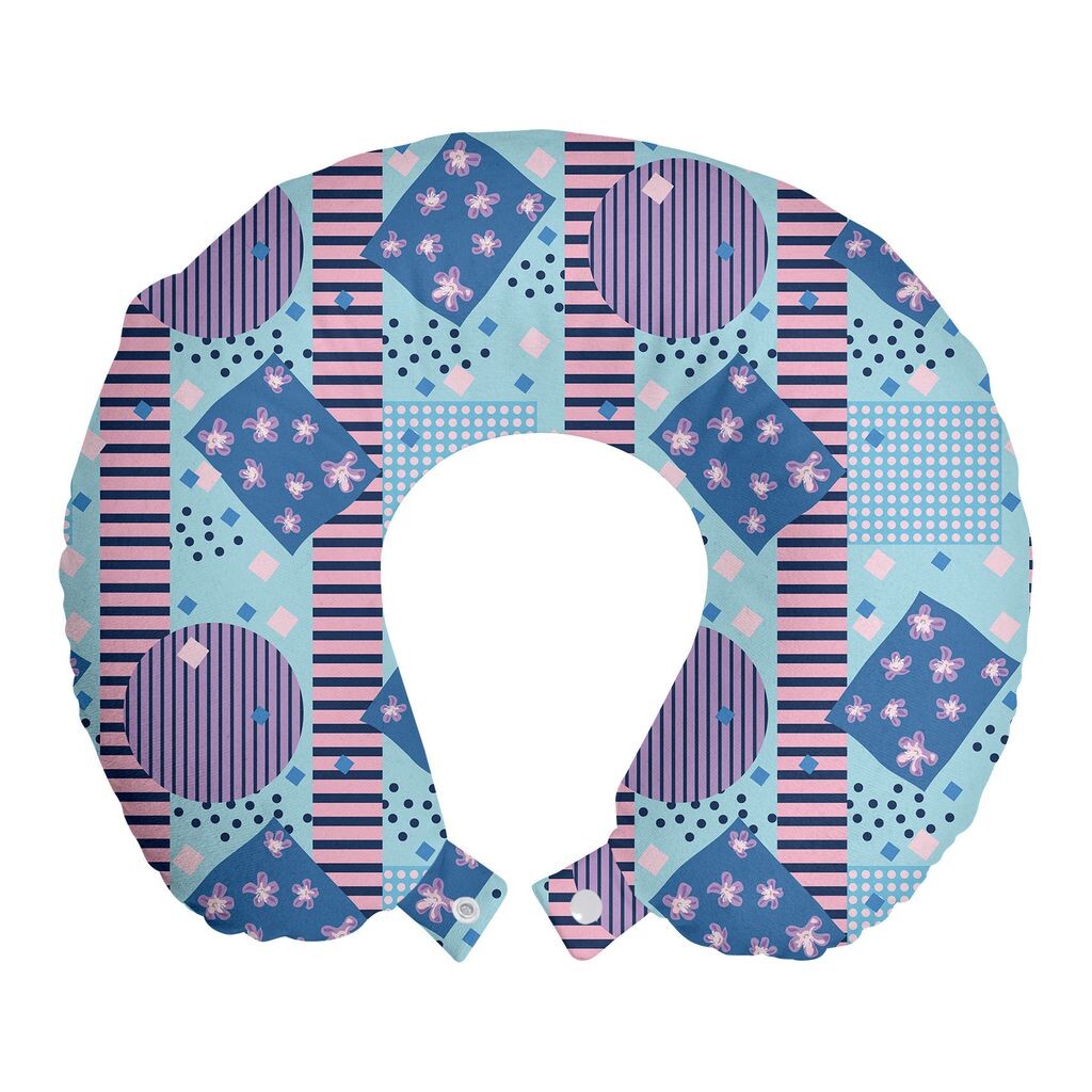 

ABAKUHAUS Подушка для путешествий с геометрическим узором, поддержка шеи, Pastel Abstract Memphis, Пенопластовые дорожные принадлежности для самолета и автомобиля, 30x30 см, Небесно-голубой, светло-розовый