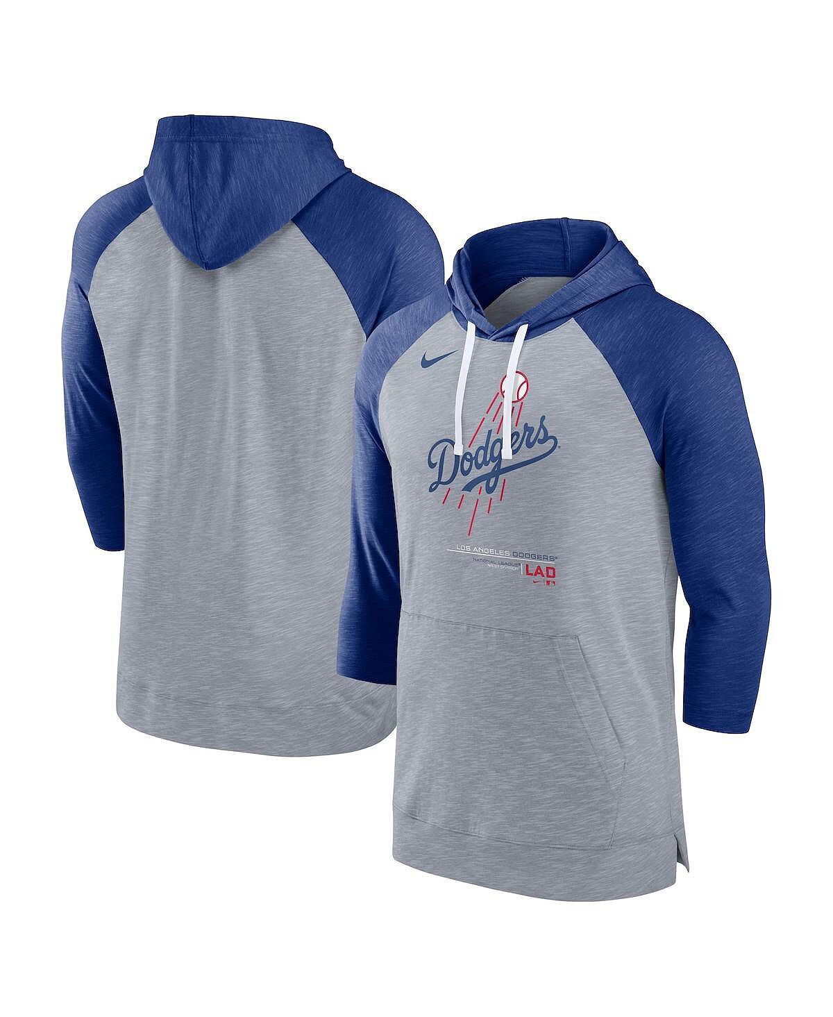 

Мужская толстовка с капюшоном Heather Grey, Heather Royal Los Angeles Dodgers Baseball Raglan с рукавами 3/4 Nike