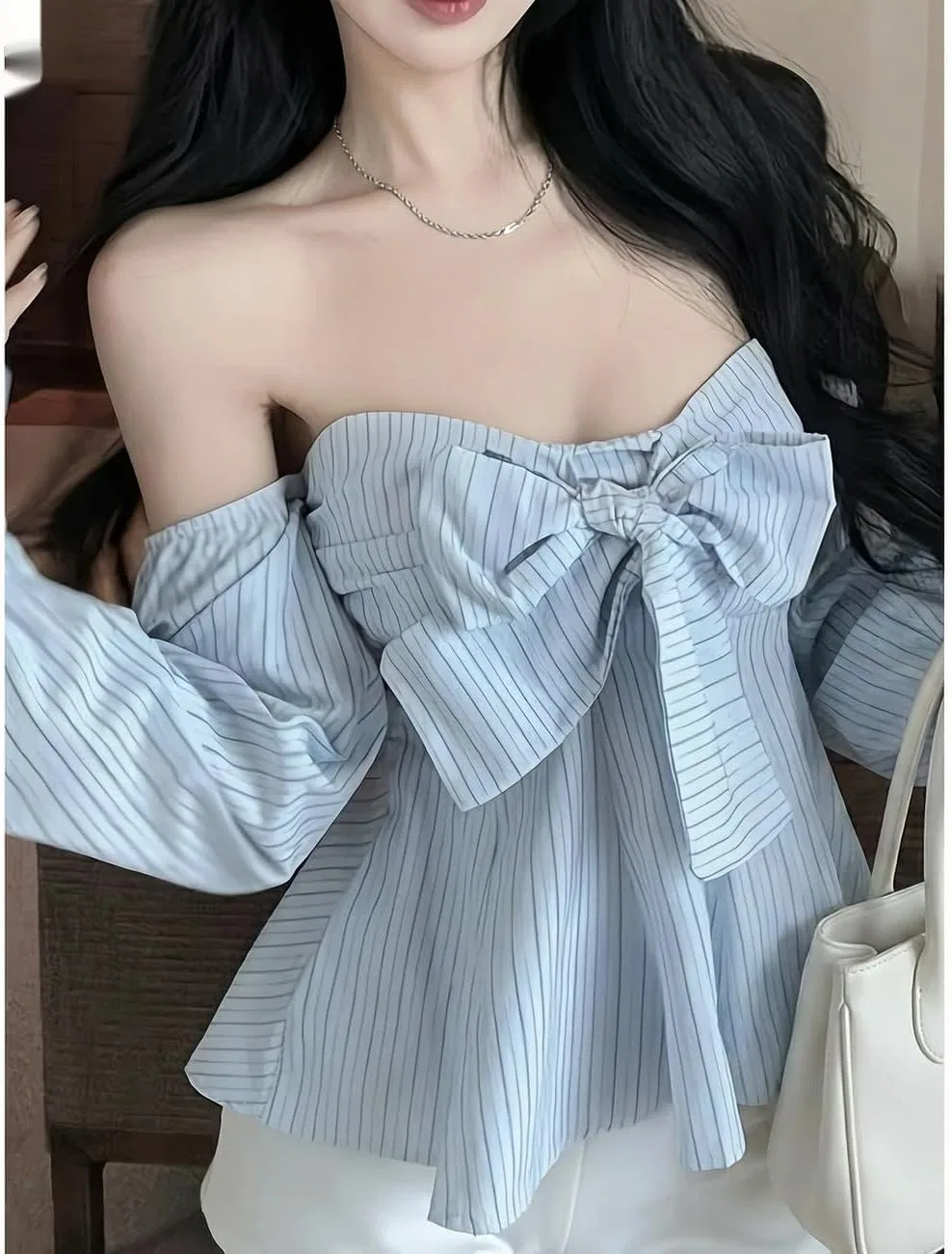 Блуза с полоской, off-shoulder из коллекции, голубой — фото 4