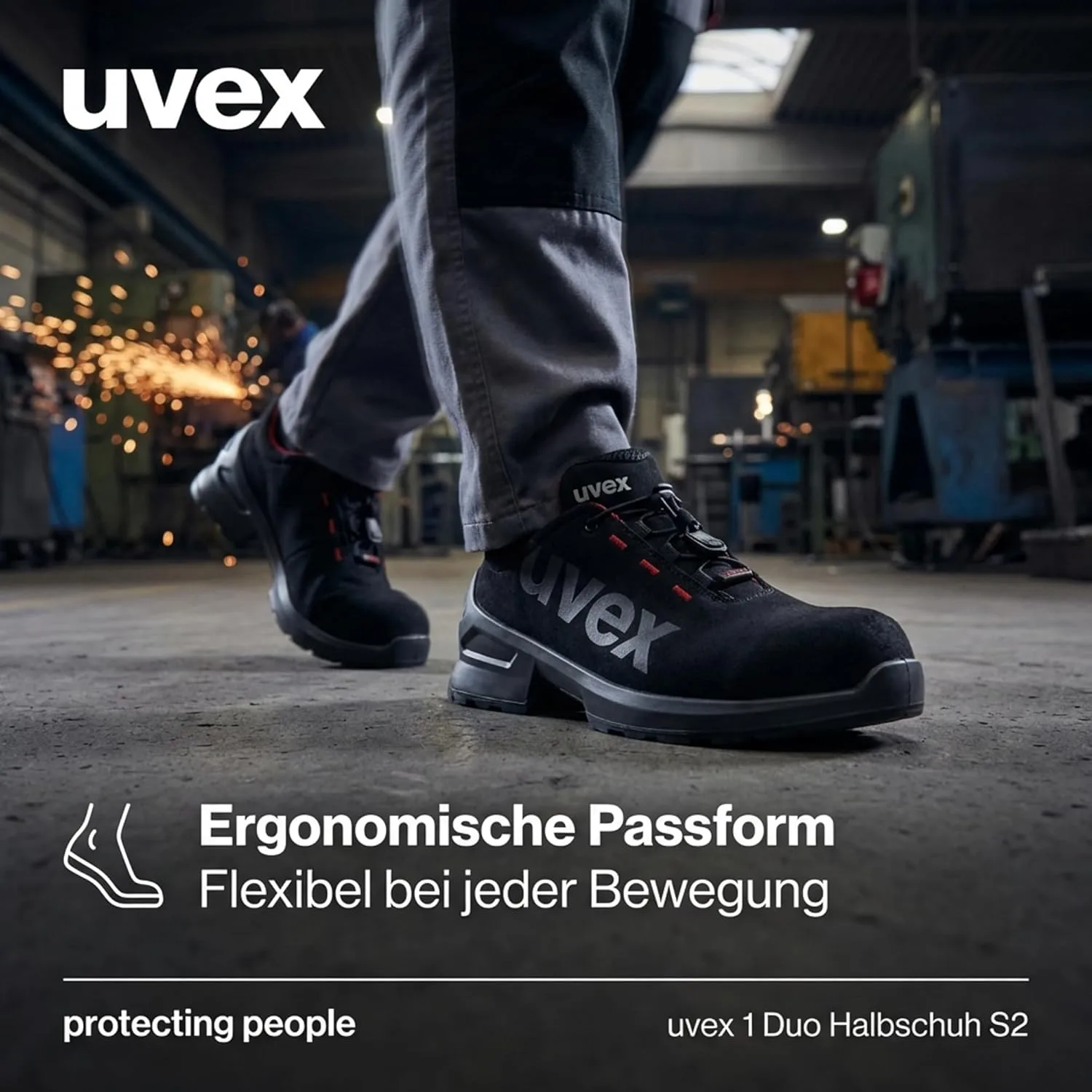 Uvex 1 Duo Low Shoe S2 - защитная обувь для работы в условиях легкой нагрузки - спортивная, легкая и гибкая, черный/красный — фото 4