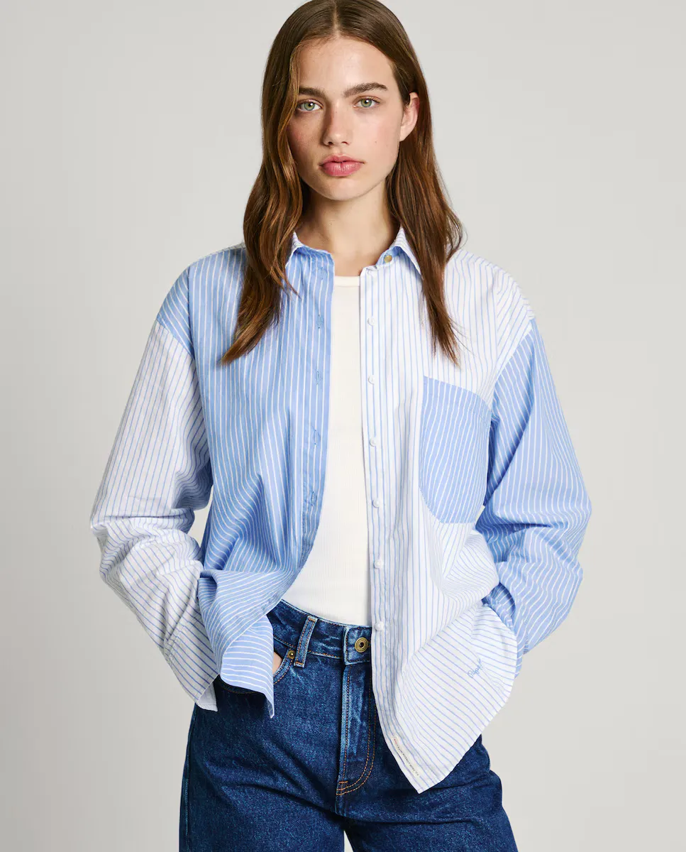

Полосатая женская рубашка из поплина с лоскутной отделкой Pepe Jeans, синий