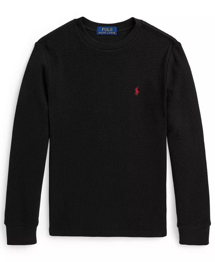 

Мальчики 8-20 вафельная хлопковая футболка с длинным рукавом Polo Ralph Lauren, черный