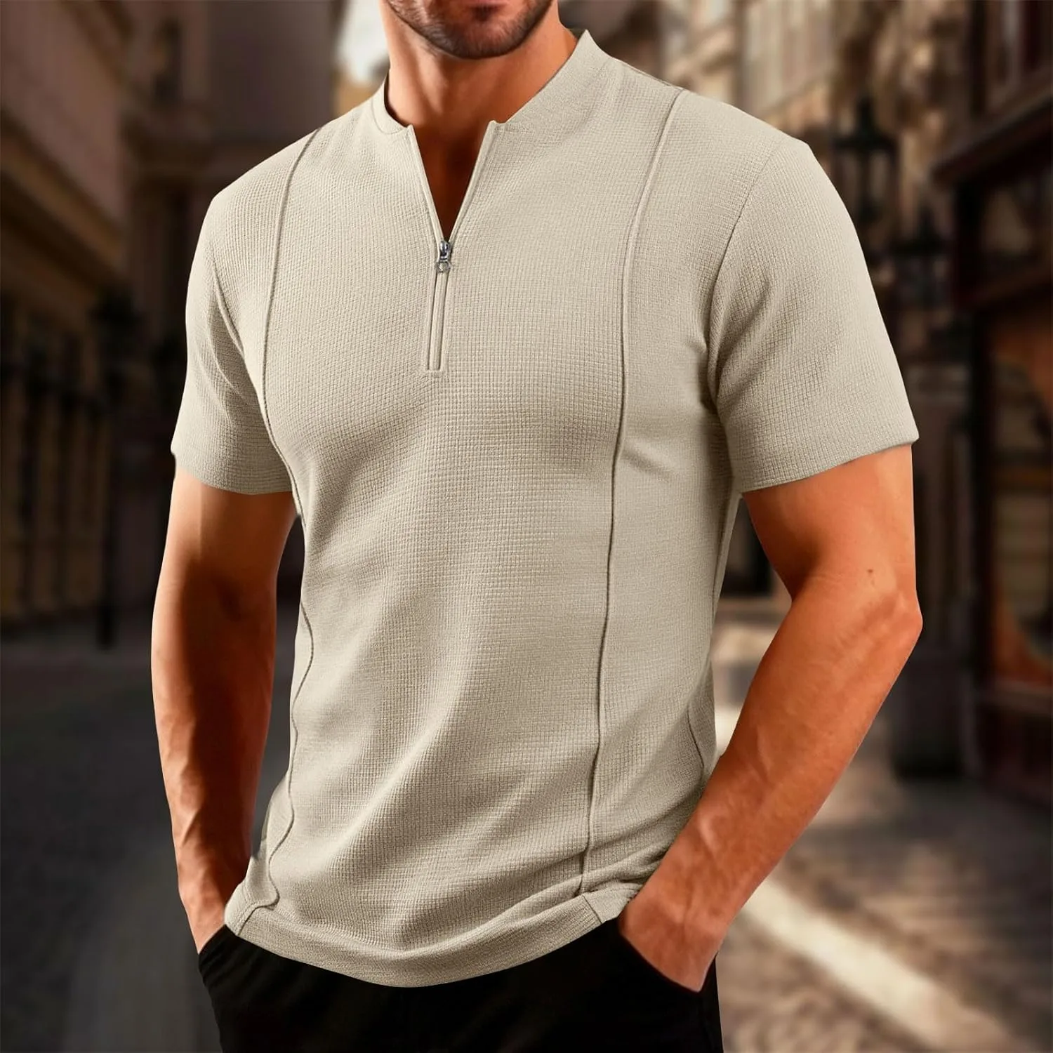 Мужская поло с коротким рукавом и воротником-стойкой, Slim Fit, текстурированная — фото 2