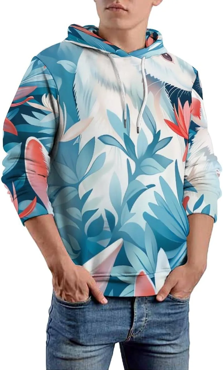 

Мужской худи с цветочным принтом, простой классический пуловер с капюшоном и шнурком PIVUWXOB