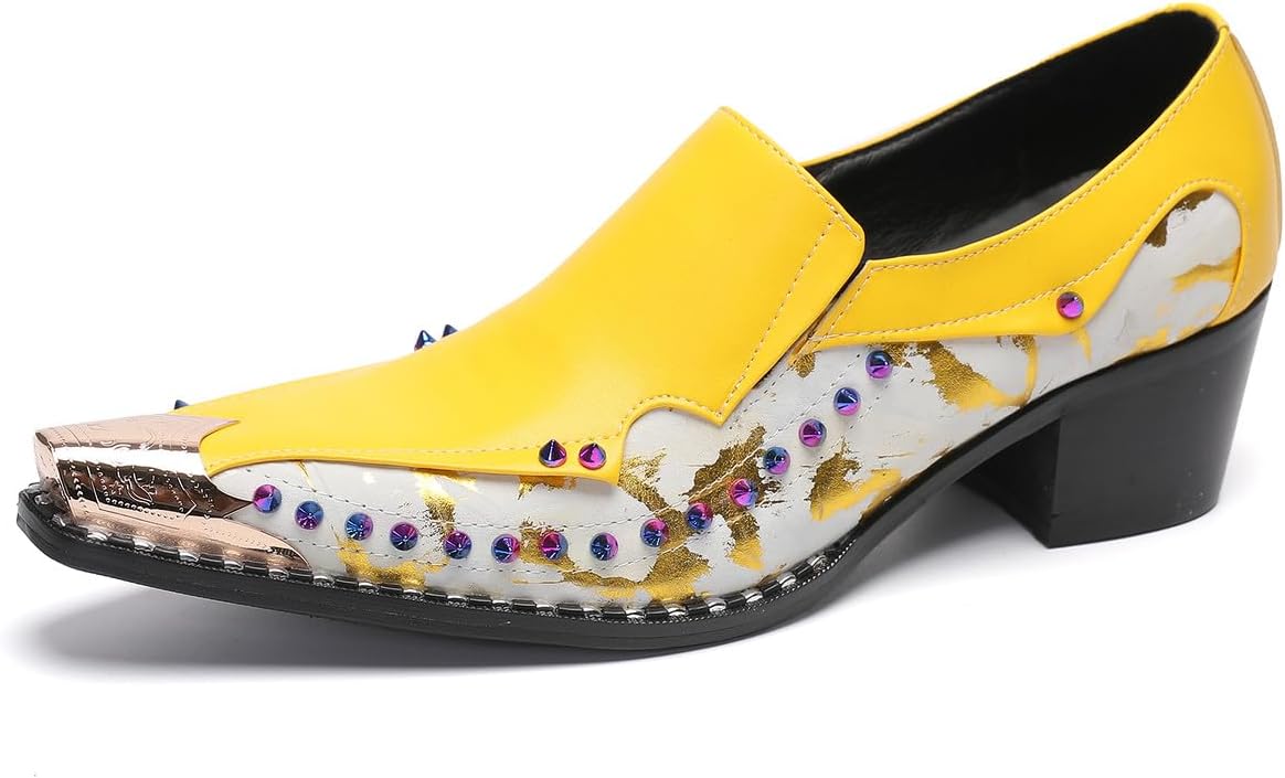 

Мужские повседневные лоферы Santimon - настоящая кожаная обувь с металлическим носком и радужными бусинами, на свадебные, бальные и праздничные мероприятия, желтый