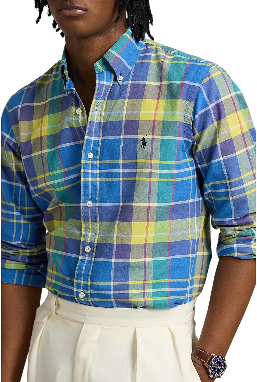 POLO RALPH LAUREN Мужская классическая оксфордская рубашка с длинным рукавом, Blue Yellow Multi — фото 3