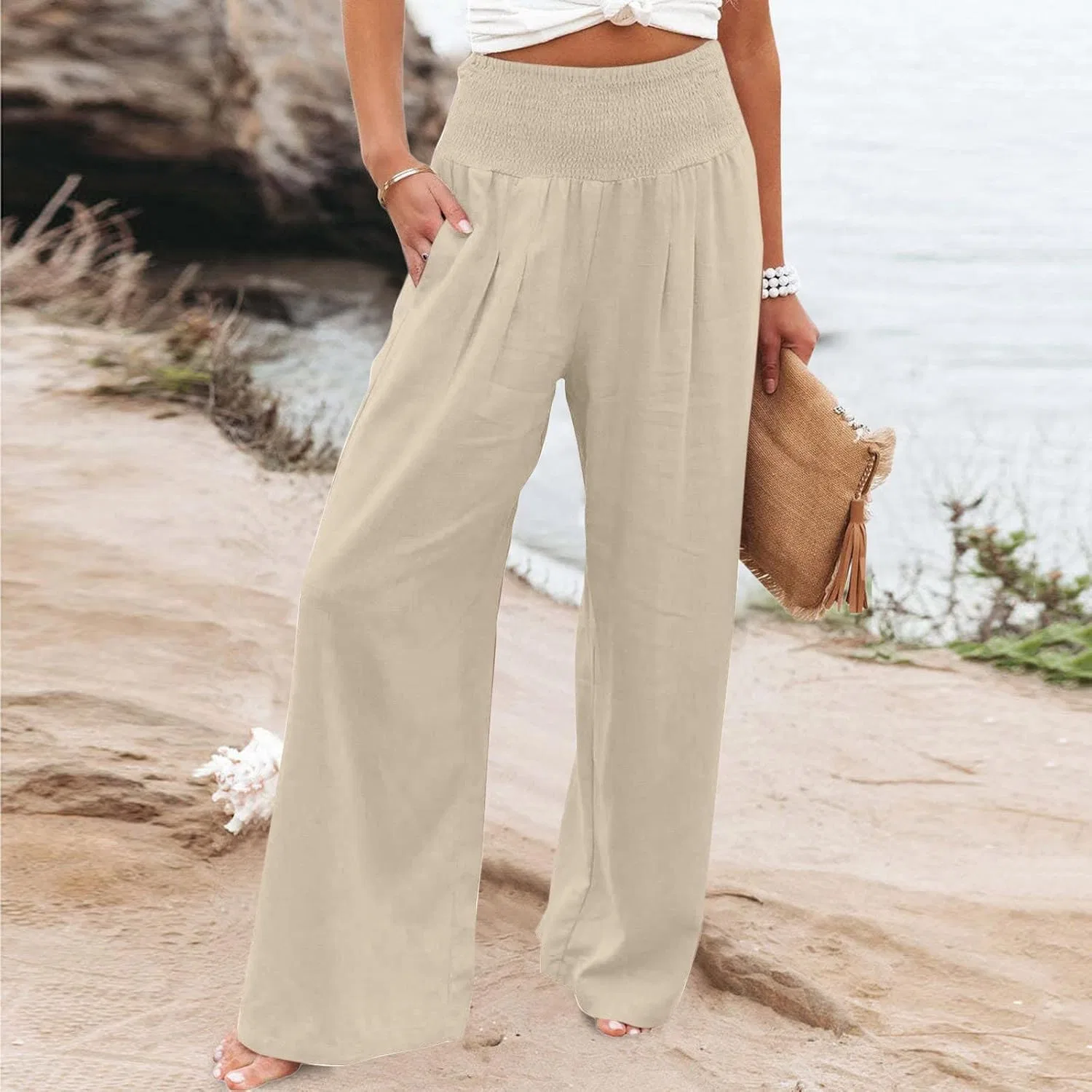 Женские широкие брюки с завышенной талией Cotton Linen, цвет A04_khaki — фото 2