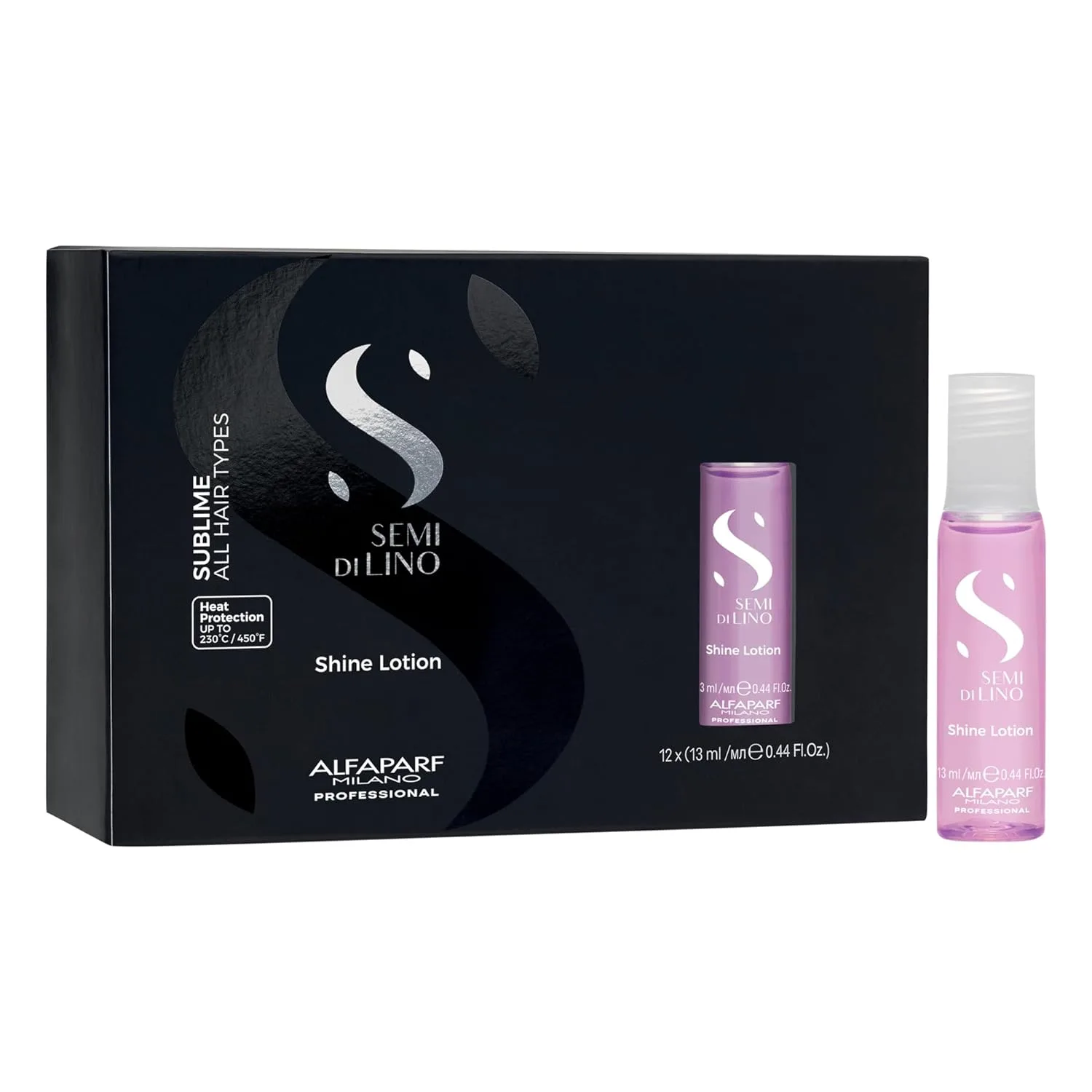 Alfaparf Milano Semi di Lino Shine Lotion - несмываемый лосьон для волос с термозащитой - придает блеск, формирует форму, объем и эластичность - 12 флаконов / 0,44 жидких унции, purple