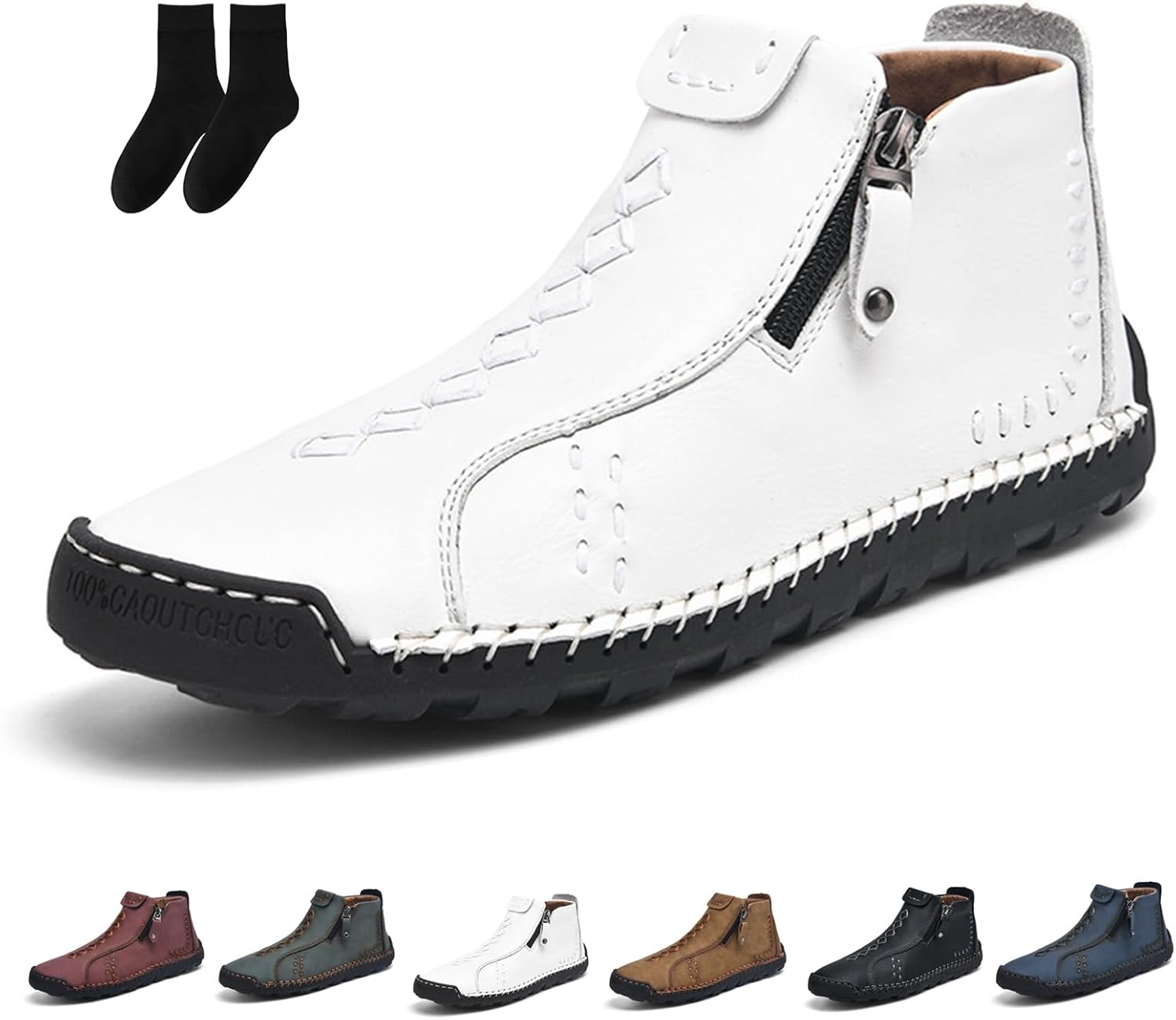 

Мужские повседневные кожаные туфли с ручной работой, на щиколотку, с боковой молнией, средней посадки, слипоны, лоферы для ходьбы, вождения, износостойкие туристические ботинки Generic, белый