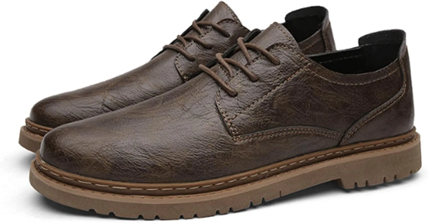 

Мужские повседневные кожаные туфли, официальные оксфорды и дерби, классическая ручная прошивка, нескользящие, дышащие, на шнуровке, плоские деловые PURCHAWEE, темно-коричневый