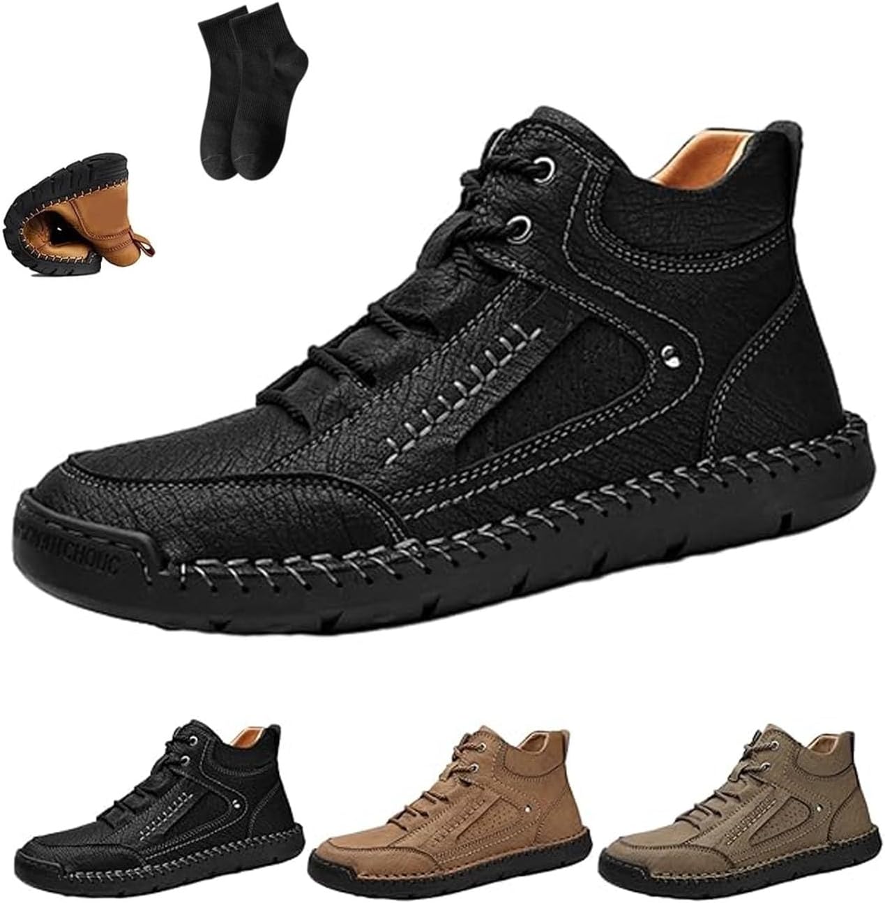 

Мужские ботинки, удобные мужские ботинки ручной работы из кожи, широкие кожаные ботинки для улицы, водонепроницаемые, с поддержкой свода стопы, для ходьбы и вождения Noworfewer, черный