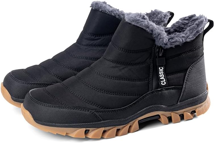 

Зимние мужские ботинки Снежные ботинки Мужские водонепроницаемые зимние ботинки Молния Широкий носок обувь С меховой подкладкой Минималистичная подошва с нулевым перепадом Soft Time Toy, черный