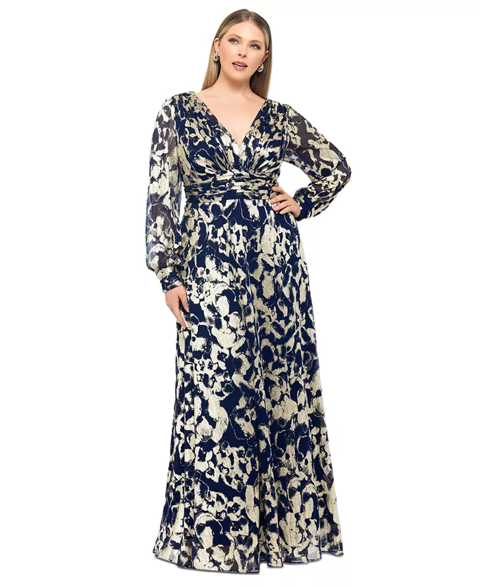 

Платье А-силуэта с V-образным вырезом и металлизированной сеткой, plus size Betsy & Adam, синий