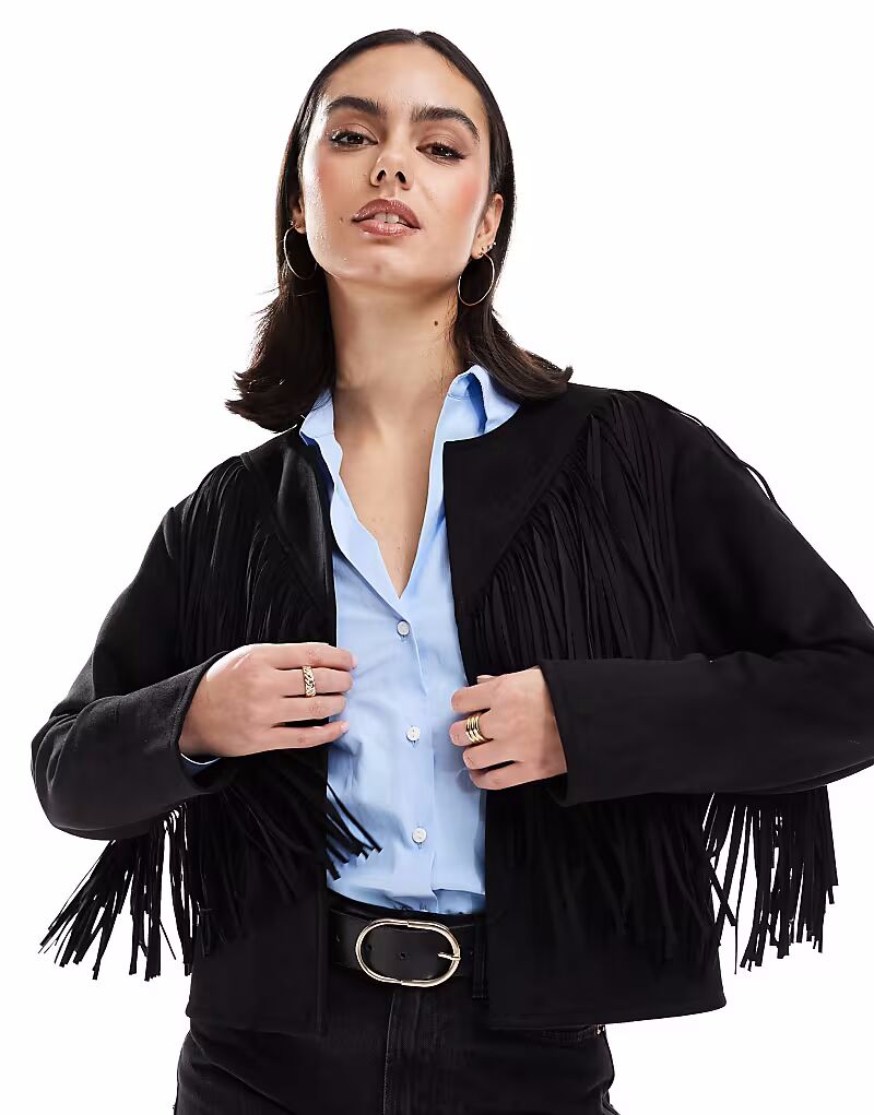 

Куртка New Look из искусственной замши без воротника черного цвета с бахромой