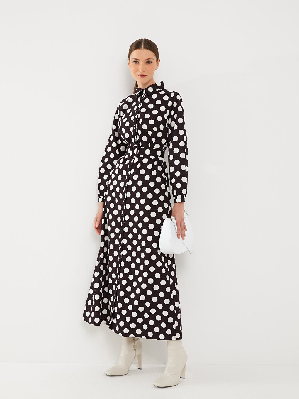 

Женское платье-рубашка из поплина в горошек с длинными рукавами LCW Modest