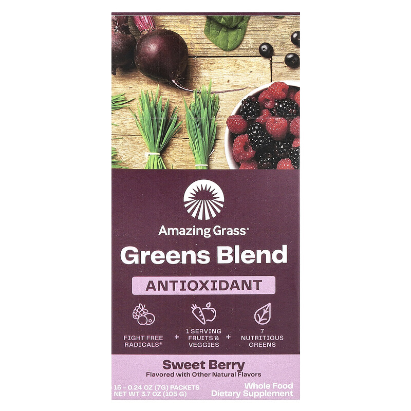 

Amazing Grass, Greens Blend, антиоксидант, сладкие ягоды, 15 пакетиков по 7 г (0,24 унции)