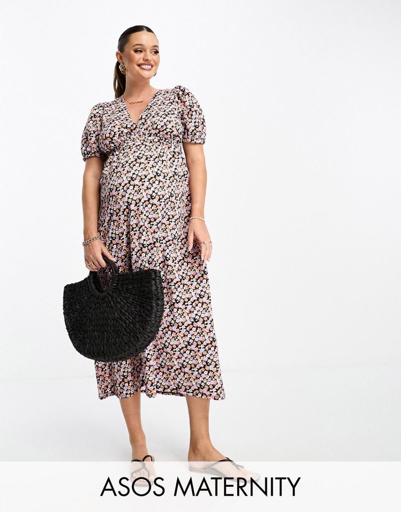 

ASOS DESIGN Maternity – плиссированное платье миди с объемными рукавами и нежным цветочным узором