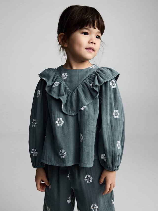 

Детская блузка с оборками Mango, цвет Green/White