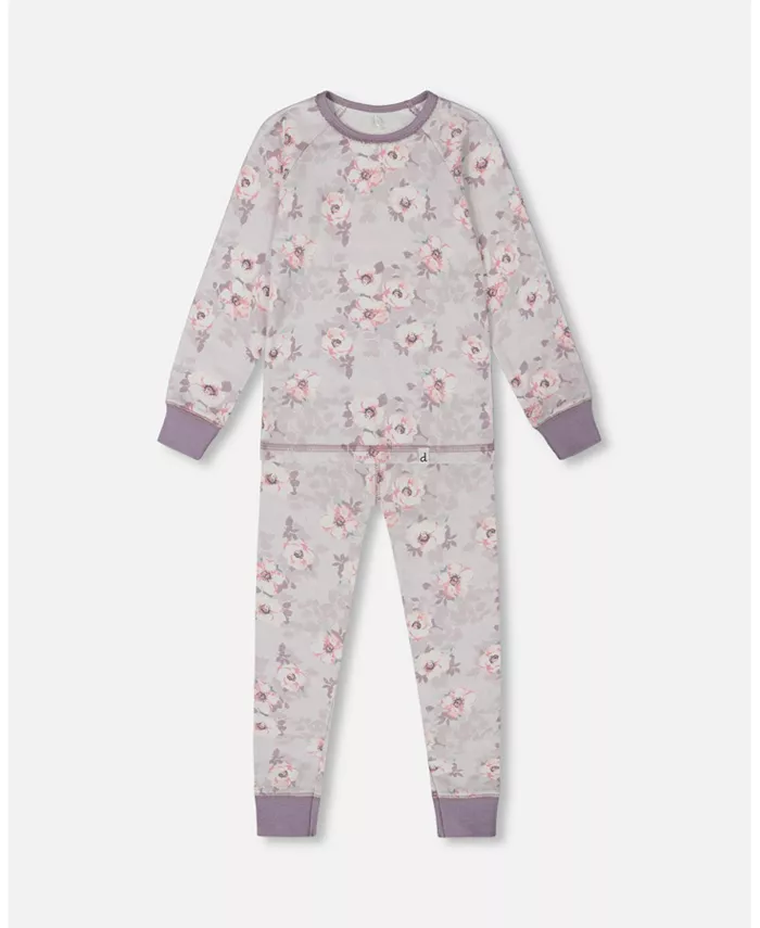 

Пижамный комплект для девочек с длинным рукавом и брюками из хлопка с принтом "Нежно-розовые цветы на нейтральном сиреневом" Big Girls Deux par Deux, фиолетовый