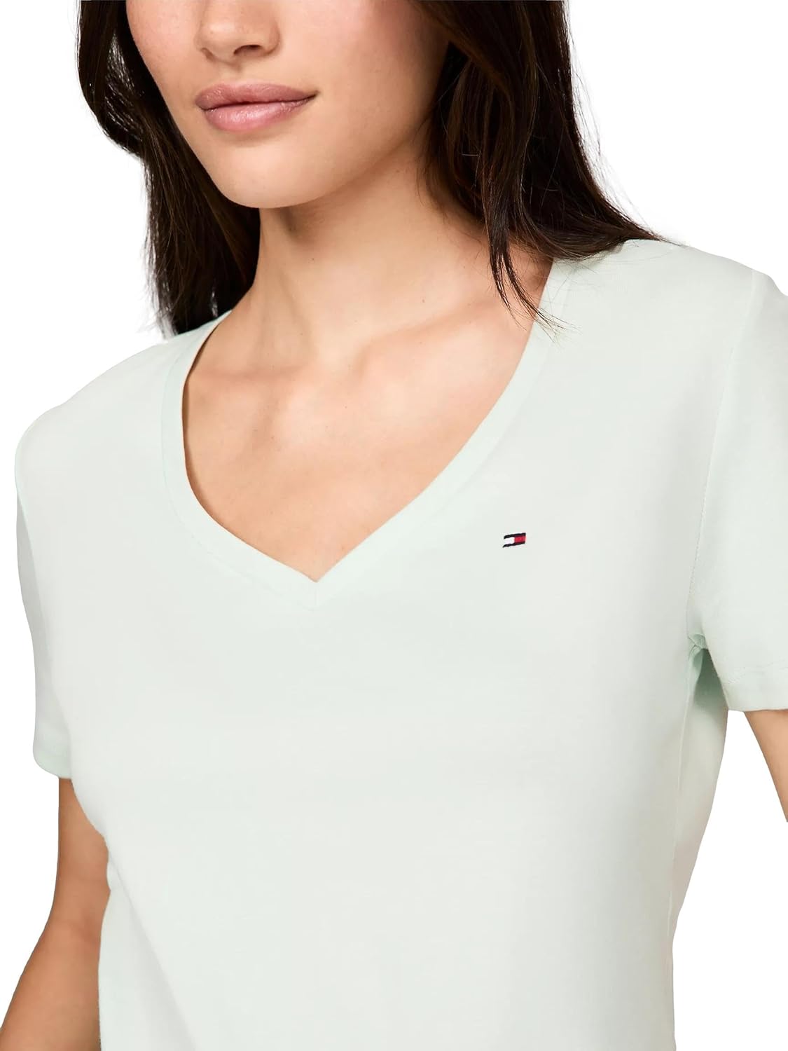 Женская футболка Tommy Hilfiger с коротким рукавом и V-образным вырезом, однотонная хлопковая, Minty Essence — фото 3