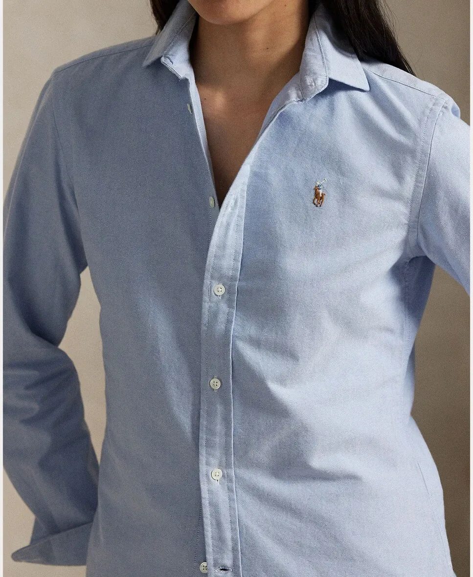 Женская базовая рубашка Оксфорд с контрастным логотипом Polo Ralph Lauren, синий — фото 3