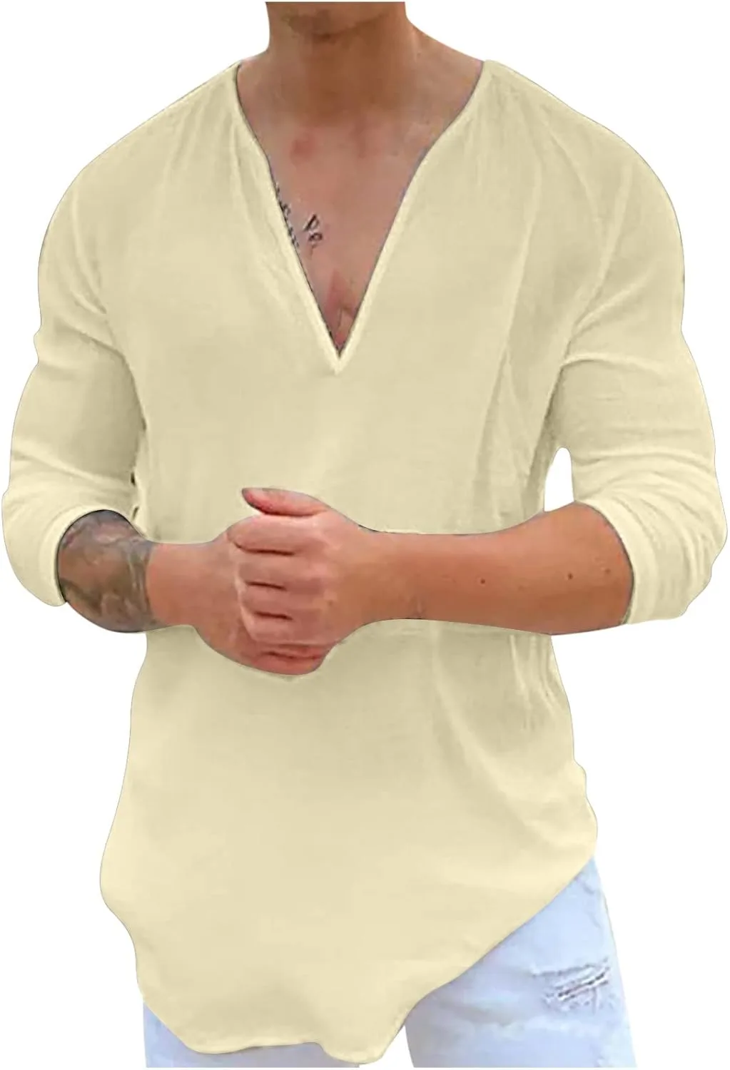 

Мужская повседневная рубашка с V-образным вырезом, летняя, из хлопка и льна, с длинным рукавом