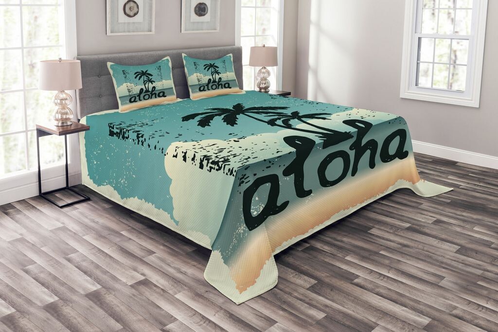 

Комплект покрывала ABAKUHAUS Aloha, пальмы с надписью Dirt Typography, комплект с моющимися наволочками, для односпальных кроватей 220 x 220 см, темно-зеленый морской пены