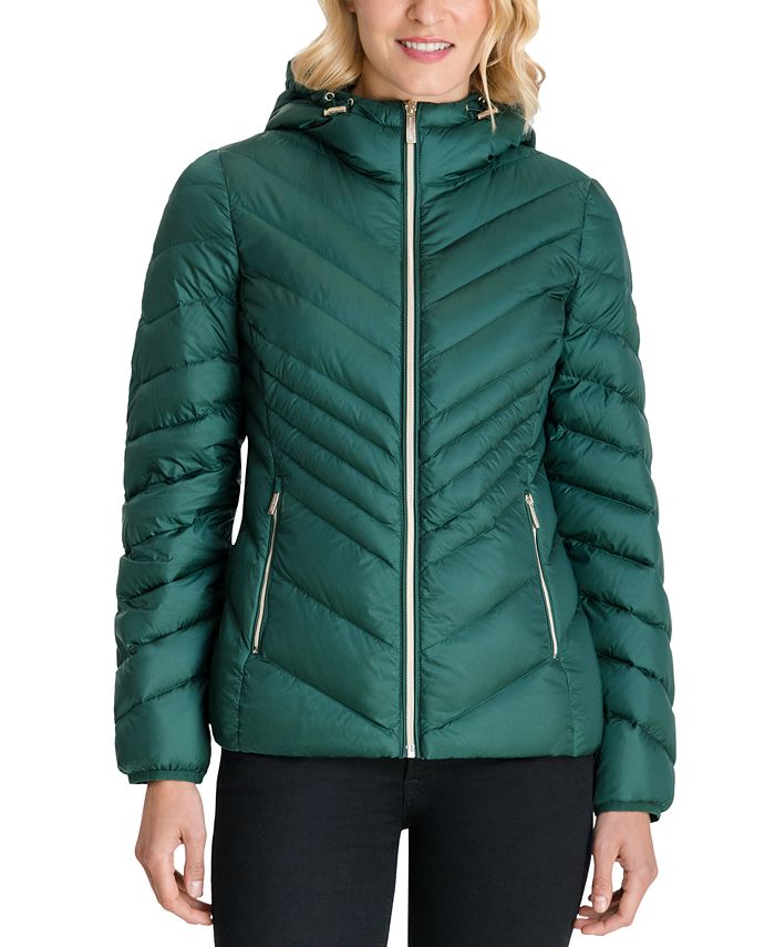 

Michael Michael Kors Женское зеленое пальто с шевронным узором, двухслойная молния 3/4 с капюшоном, складывающееся в складку