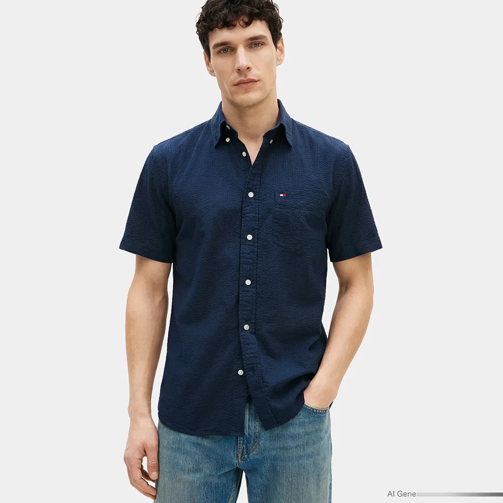Мужская однотонная рубашка из сирсакера Asian Fit, небесно-голубая, от Tommy Hilfiger
