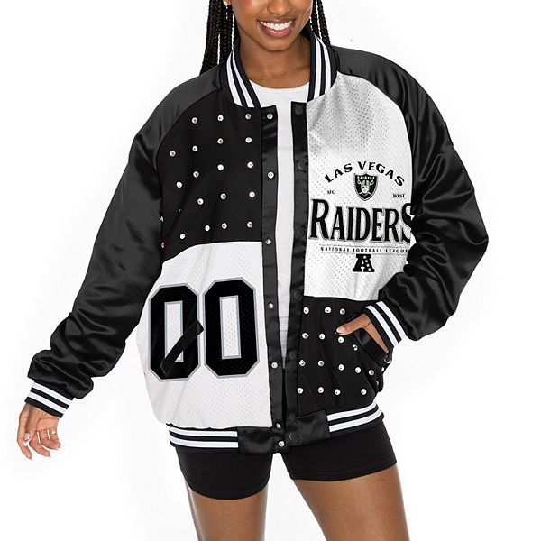 

Женская черно-белая куртка-бомбер Las Vegas Raiders oversized hot shot rhinestone throwback full-snap varsity Gameday Couture