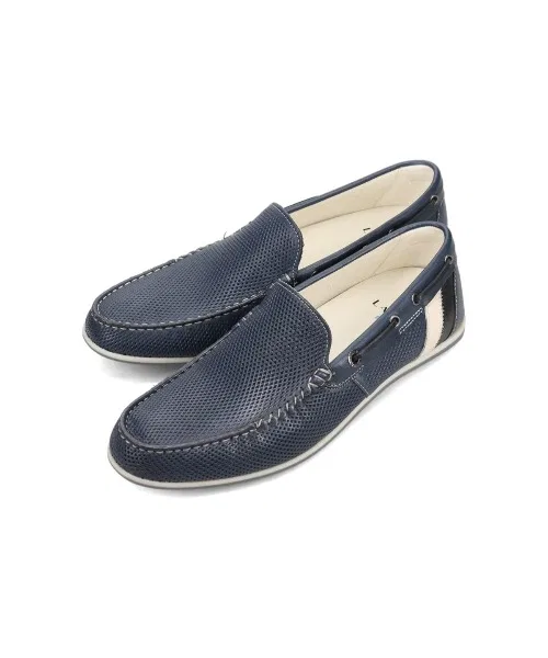 Мужские кожаные мокасины LANVIN en Bleu перфорация тёмно-синие