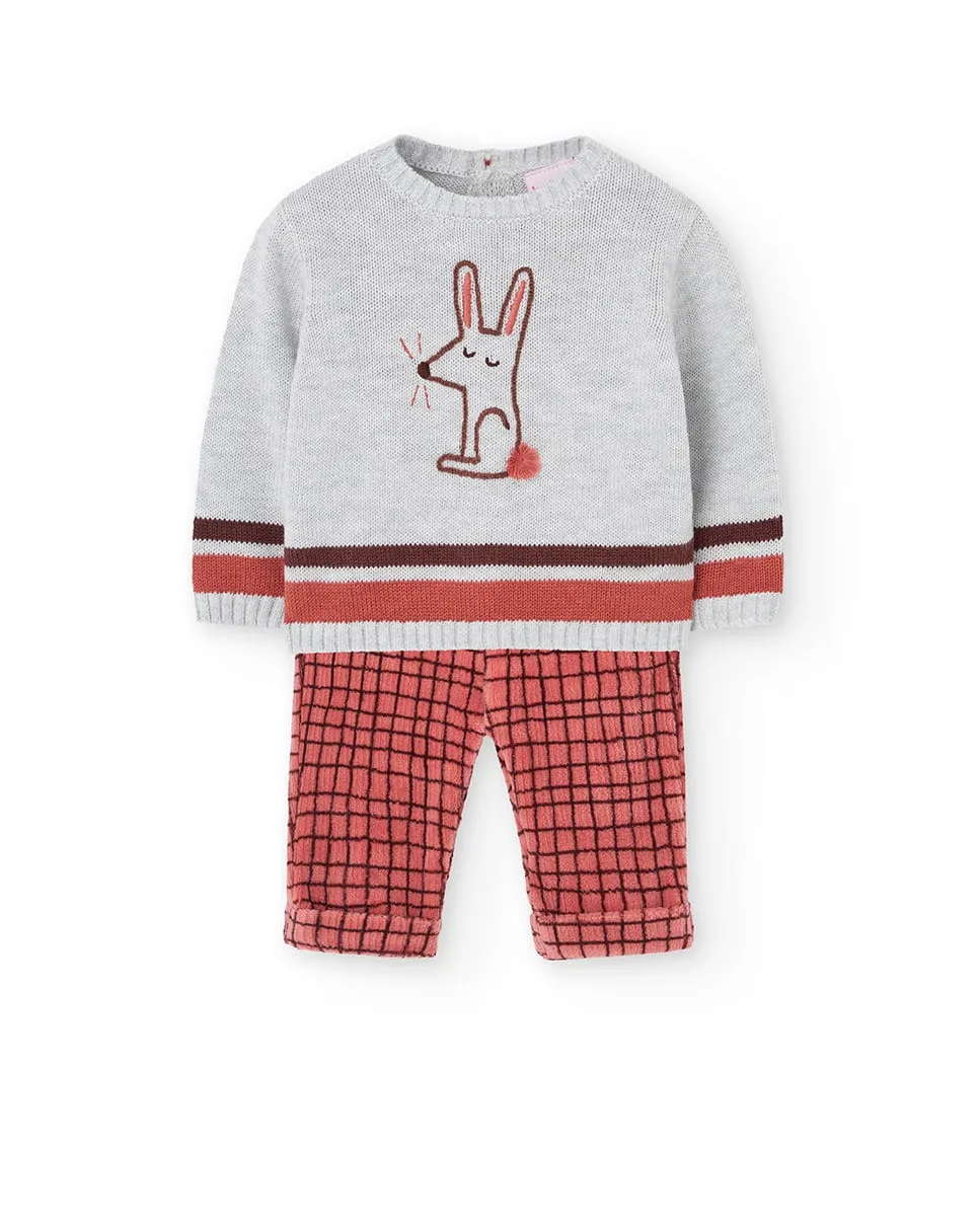 

Комплект для малыша из джерси свитер и штаны с клетчатым принтом и круглым вырезом Boboli, серый
