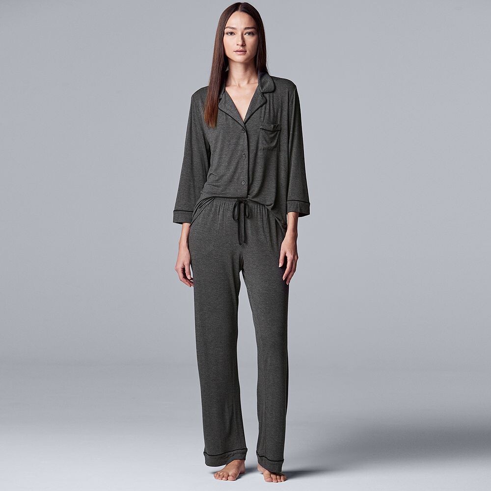 Женская роскошная базовая пижамная рубашка с рукавами ¾ Simply Vera Vera Wang, рубашка и брюки для сна, темно-синий — фото 3